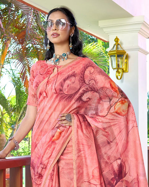 Froly Pink Digital Printed Chanderi Cotton Saree With Weaving Border