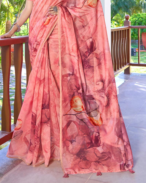 Froly Pink Digital Printed Chanderi Cotton Saree With Weaving Border