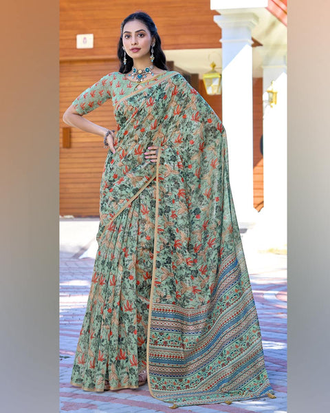 Mist Green Digital Printed Chanderi Cotton Saree With Weaving Border