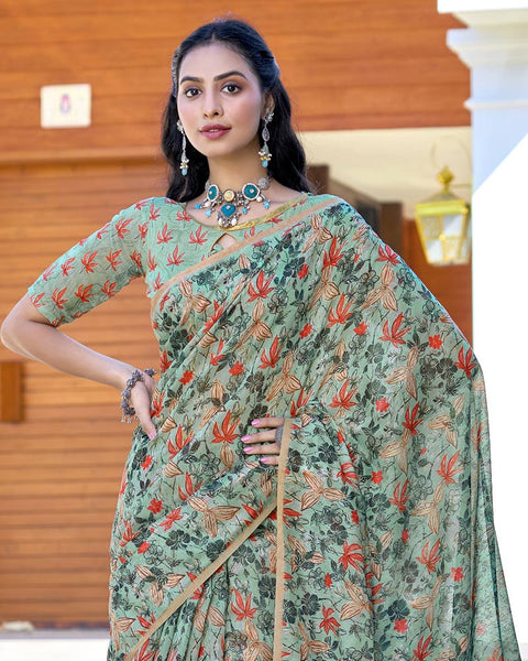 Mist Green Digital Printed Chanderi Cotton Saree With Weaving Border