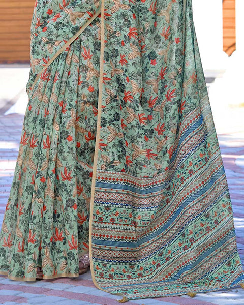 Mist Green Digital Printed Chanderi Cotton Saree With Weaving Border