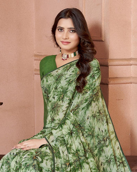 Pastel Green Printed Georgette Saree With Piping