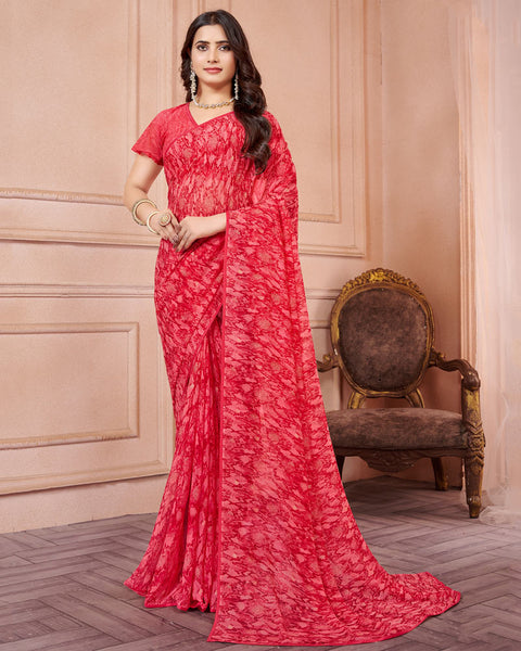 Alizarin Crimson Printed Georgette Saree With Piping