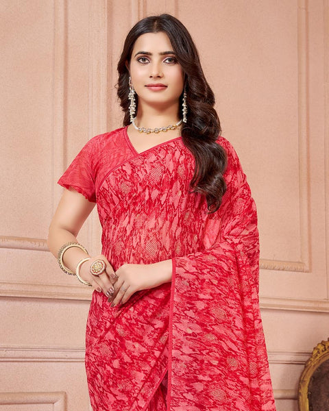 Alizarin Crimson Printed Georgette Saree With Piping