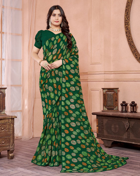 Dark Green Printed Georgette Saree With Piping