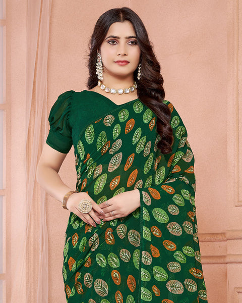 Dark Green Printed Georgette Saree With Piping