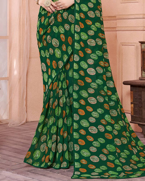 Dark Green Printed Georgette Saree With Piping