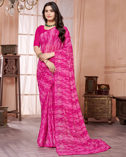 Hot Pink Printed Georgette Saree With Piping