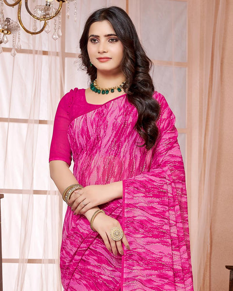 Hot Pink Printed Georgette Saree With Piping