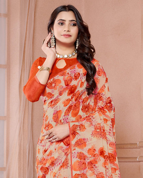 Dark Orange Printed Georgette Saree With Piping
