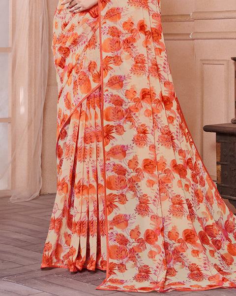 Dark Orange Printed Georgette Saree With Piping
