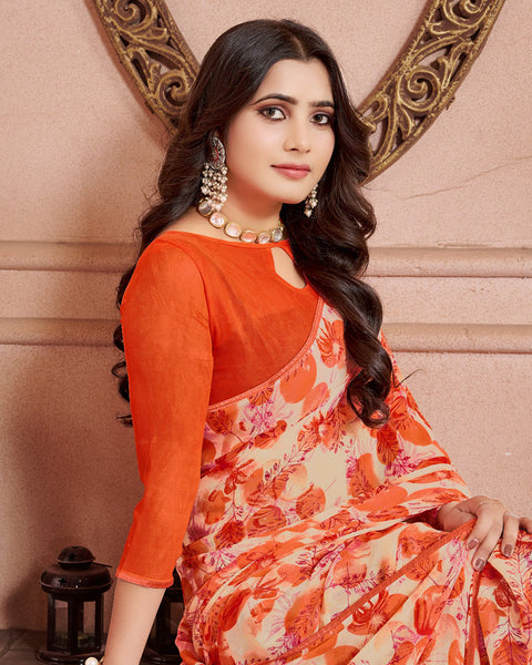 Dark Orange Printed Georgette Saree With Piping
