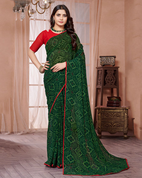 Bottle Green Printed Georgette Saree With Piping
