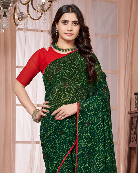 Bottle Green Printed Georgette Saree With Piping
