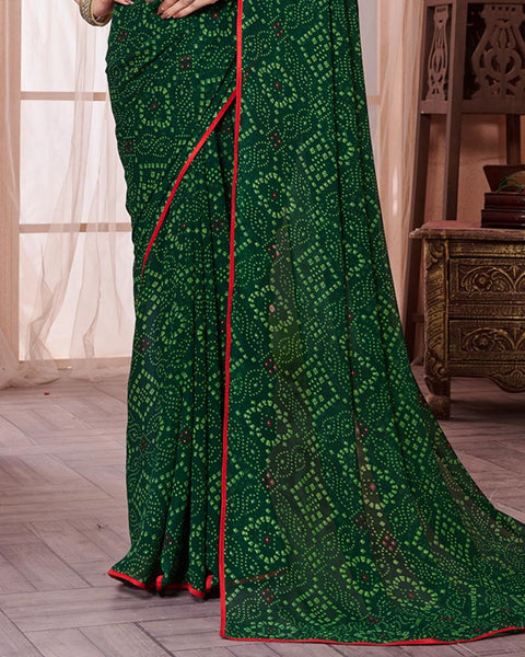 Bottle Green Printed Georgette Saree With Piping