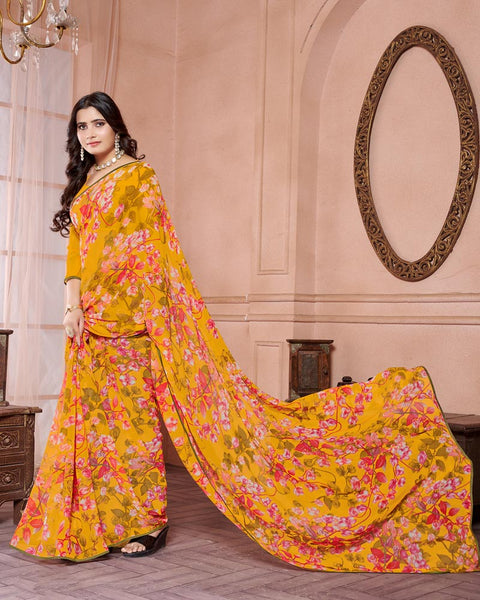 Mustard Printed Georgette Saree With Piping