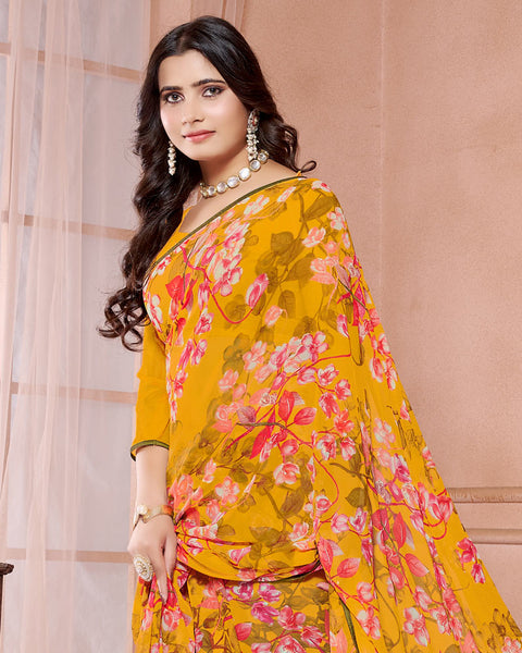 Mustard Printed Georgette Saree With Piping