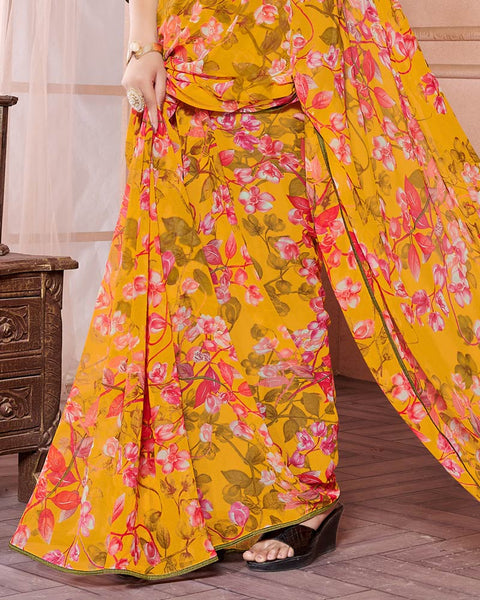 Mustard Printed Georgette Saree With Piping