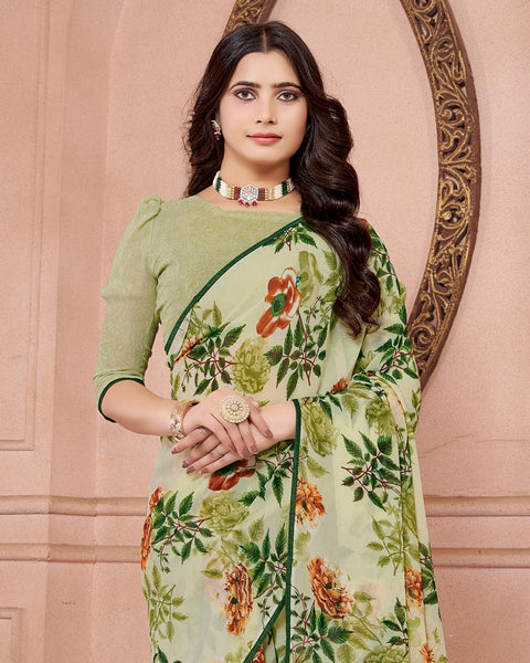 Chino Green Printed Georgette Saree With Piping