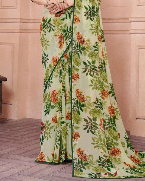 Chino Green Printed Georgette Saree With Piping
