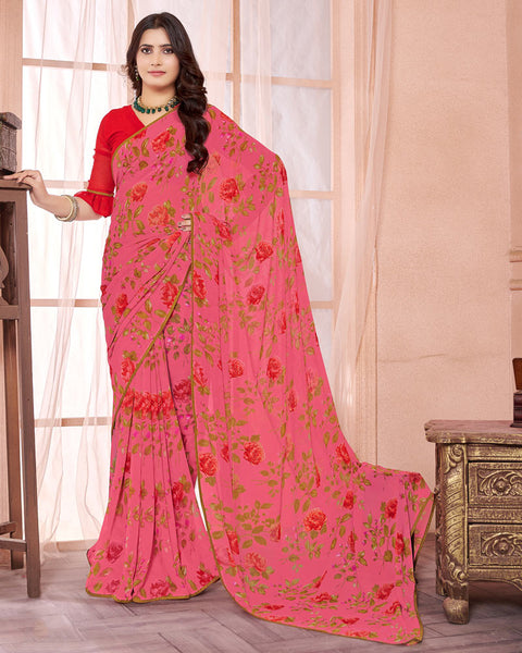 Mandy Pink Printed Georgette Saree With Piping