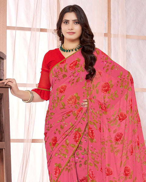 Mandy Pink Printed Georgette Saree With Piping