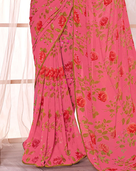 Mandy Pink Printed Georgette Saree With Piping