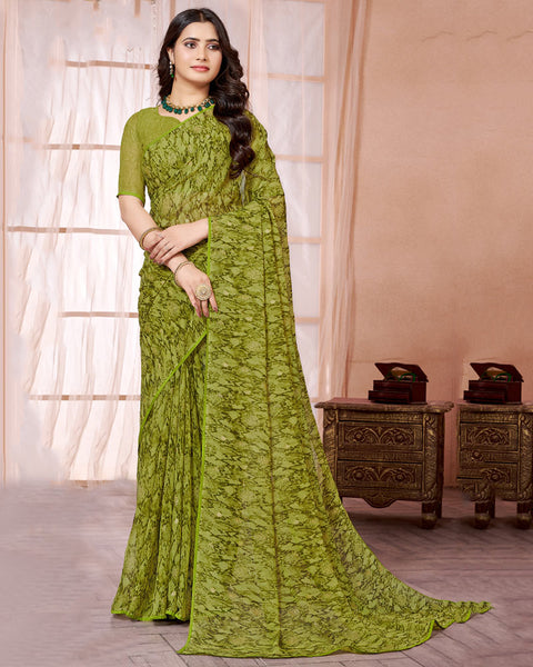 Light Mehandi Green Printed Georgette Saree With Piping