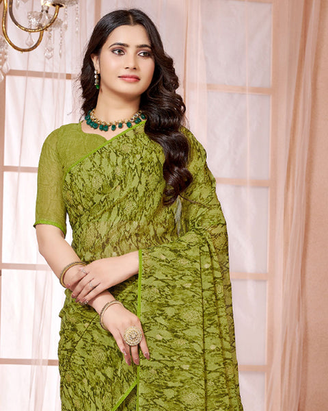Light Mehandi Green Printed Georgette Saree With Piping