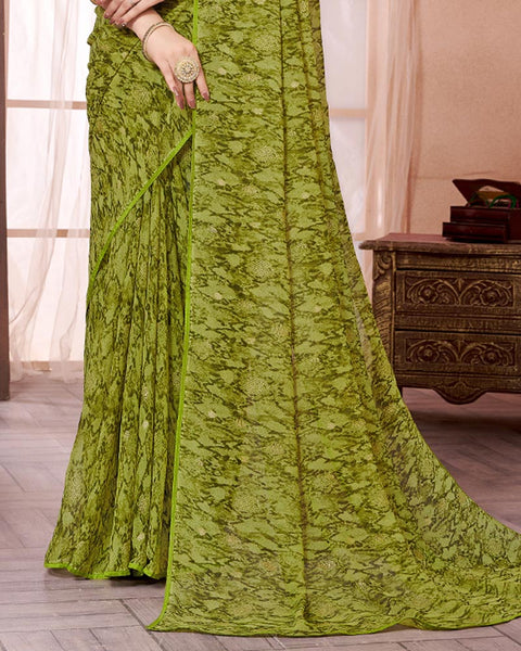 Light Mehandi Green Printed Georgette Saree With Piping