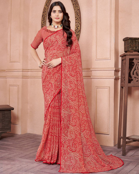 Coral Pink Printed Georgette Saree With Piping