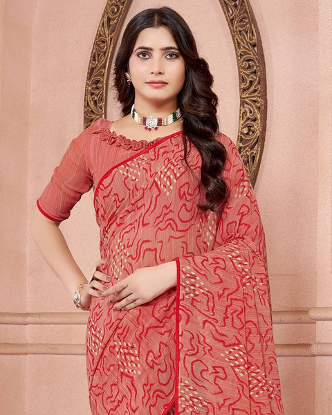 Coral Pink Printed Georgette Saree With Piping