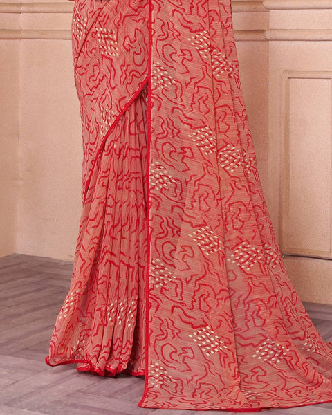 Coral Pink Printed Georgette Saree With Piping