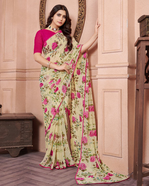 Pavlova Cream Printed Georgette Saree With Piping