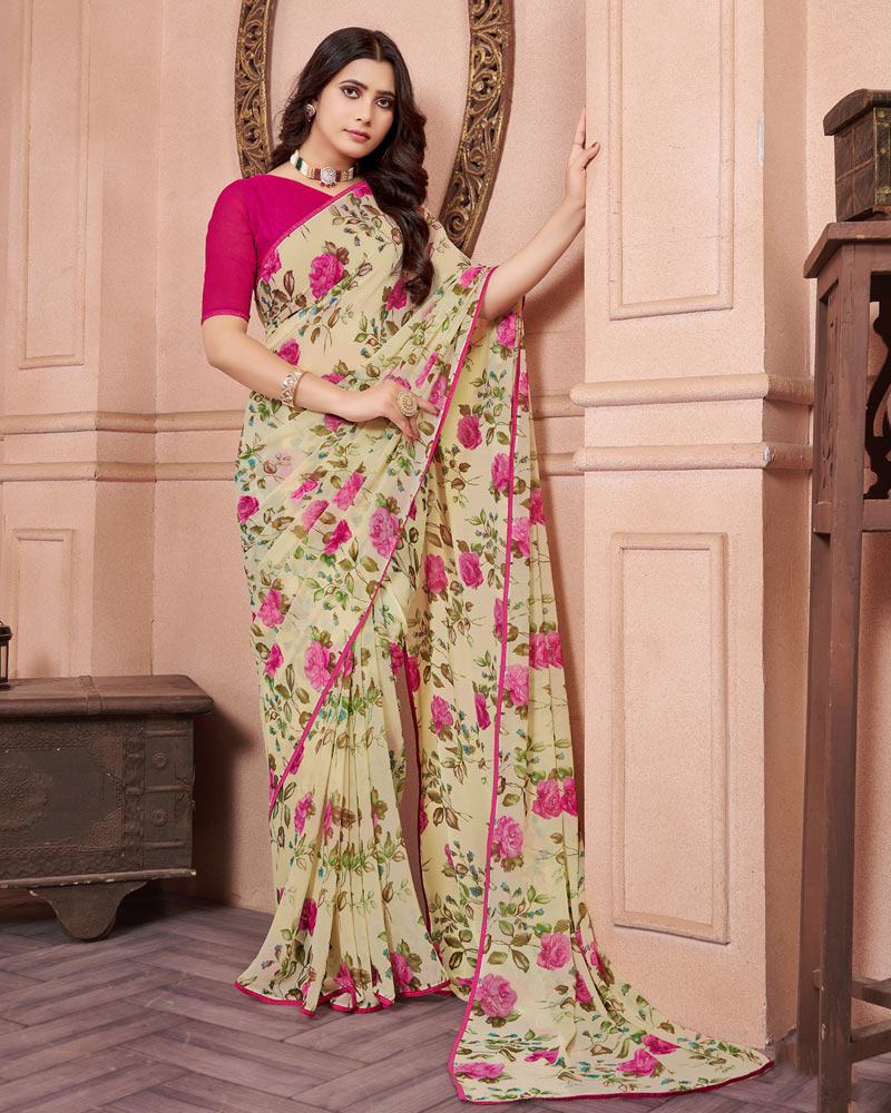 Pavlova Cream Printed Georgette Saree With Piping