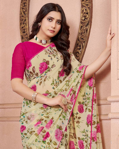Pavlova Cream Printed Georgette Saree With Piping