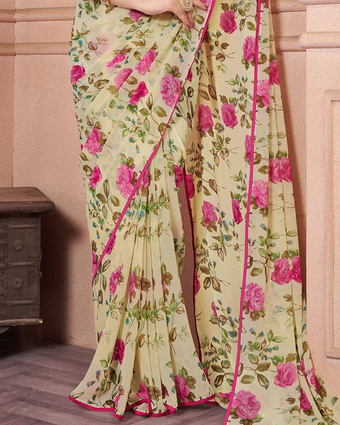 Pavlova Cream Printed Georgette Saree With Piping