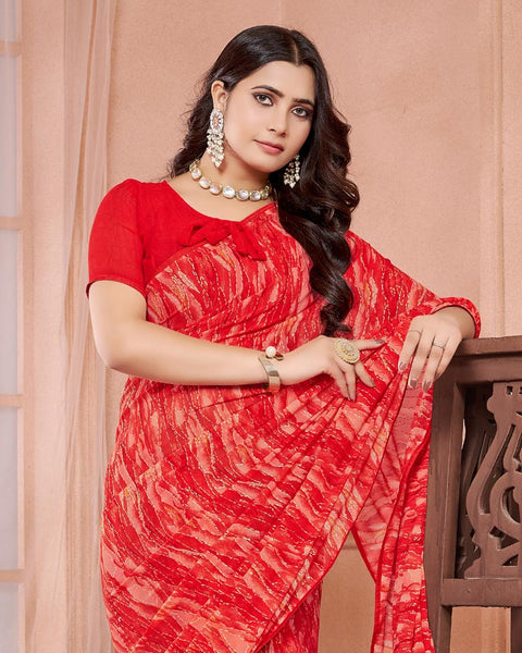 Pastel Red Printed Georgette Saree With Piping