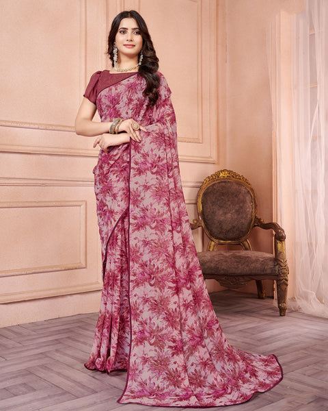 Eunry Pink Printed Georgette Saree With Piping