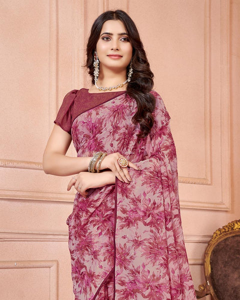 Eunry Pink Printed Georgette Saree With Piping
