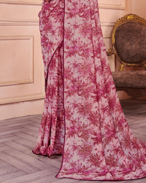 Eunry Pink Printed Georgette Saree With Piping
