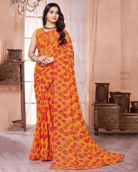 Mustard Printed Georgette Saree With Piping