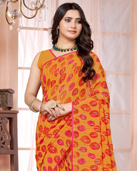 Mustard Printed Georgette Saree With Piping