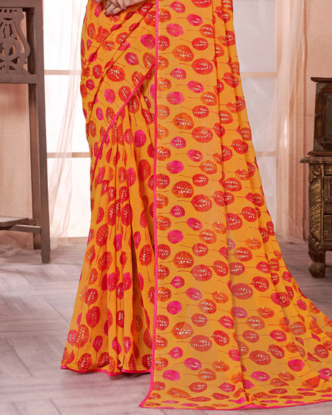 Mustard Printed Georgette Saree With Piping
