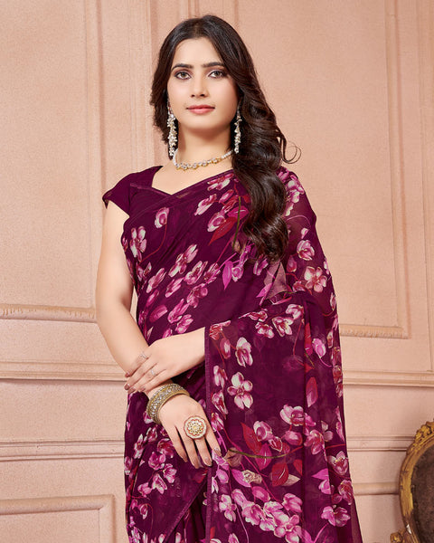 Wine Berry Printed Georgette Saree With Piping