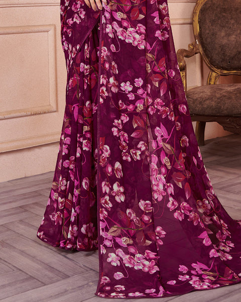 Wine Berry Printed Georgette Saree With Piping