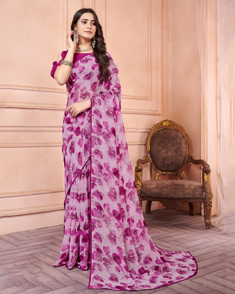 Pastel Violet Printed Georgette Saree With Piping