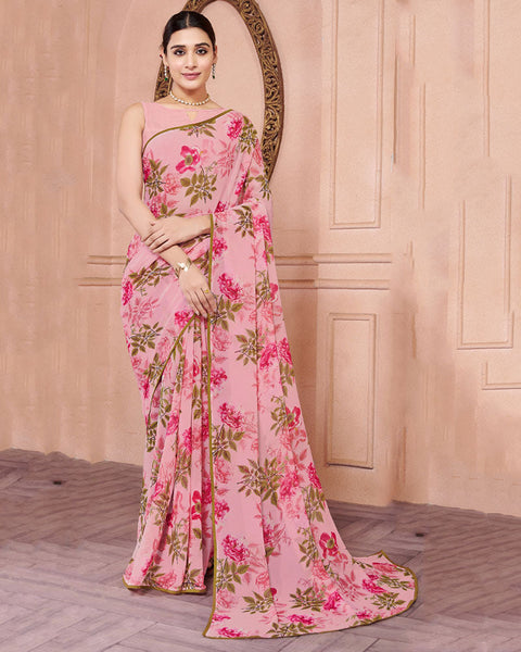 Rose Pink Printed Georgette Saree With Piping