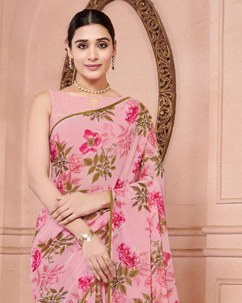 Rose Pink Printed Georgette Saree With Piping