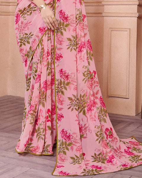 Rose Pink Printed Georgette Saree With Piping